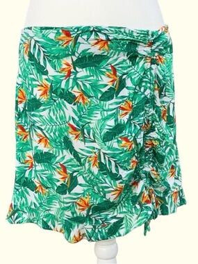 Dizzy Gal Birds of Paradise Tropical Green Ruffle Hem Cinched Mini Skirt, Large
